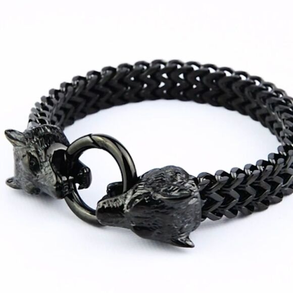 Men’s Black Thick Wolf Head Link Chain Bracelet - Picture 5 of 10